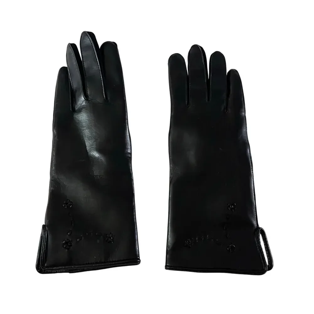 Vintage Black Novahide Vinal Floral Detail Lady's Gloves